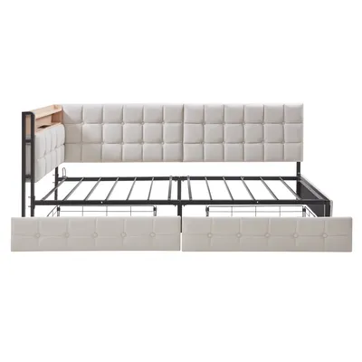 Produktbild von Merax Tagesbett Kinderbett 90x200 cm, Polster-Schlafsofa mit LED, 2 Schubladen & USB-/Typ-C-Anschluss, Einzelbett aus Samt für Jugendzimmer, Beige