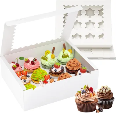 Produktbild von Cupcake-Box – Für 12 Cupcakes – Mit durchsichtigem Fenster – Set aus 4 Stück – 29,6 x 24,7 x 9,1 cm