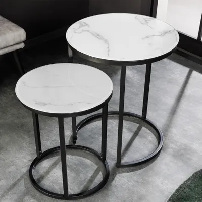 Produktbild von riess-ambiente Design Beistelltisch ELEGANCE 2er Set weiß rund Kristallglas mit Marmor-Nachbildung schwarzes Gestell Couchtisch Tisch Ablage