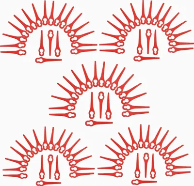 A collection of red plastic trimmer blades arranged in semicircles and lines on a white background.