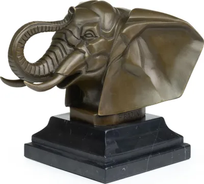 Immagine prodotto di Scultura in bronzo Testa di elefante frontale in bronzo su base in marmo nero con feltro H 16 cm Busto di animale per soggiorno, ufficio, interni come oggetto d'arte
