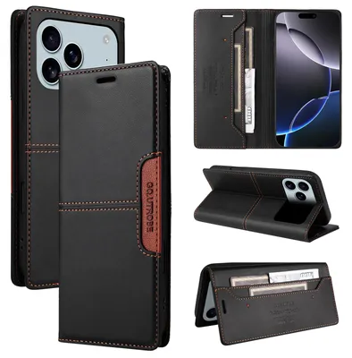 Image de Étui pour iPhone 17 Pro, étui portefeuille à rabat en cuir avec compartiment pour cartes et support, noir