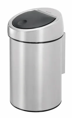 A silver Brabantia Touch Bin trash can with a black lid, shown against a white background.