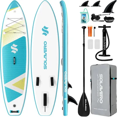 Produktbild von Aufblasbares SUP Board - Stand Up Paddle Board - Breites stabiles Yogaboard - Rutschfestes Deck - 3 abnehmbare Finnen - Set mit Paddel Pumpe Leash Tragetasche - Lake Blue