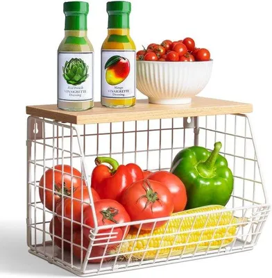 Zdjęcie produktu dla Koszki na owoce Unyqoos® – 30 x 16,5 x 20 cm, matowy, czarny stal węglowa z drewnianą pokrywą, możliwość układania w stosy i montażu na ścianie, pojemność >12