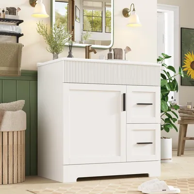 Produktbild von STILVORA Badschrank mit Keramik-Waschbecken und Doppelschubladen, Badezimmerschrank mit Seitenregal und Stauraum, Waschbeckenunterschrank mit Metallscharnieren
