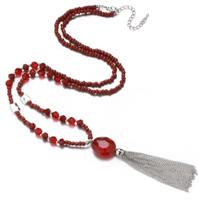 Produktbild von Bulinlin Lange Perlenkette Damen mit Quaste - Y-Kette Modeschmuck Lang Halskette mit Kristallperlen Anhänger Boho Elegantes Muttertagsgeschenk(Red)