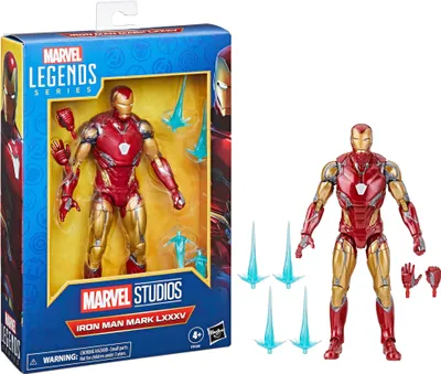 A Hasbro Marvel Legends Series Iron Man Mark LXXXV action figure in its packaging, with a separate figure and accessories shown next to it.