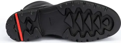 The sole of a black boot is shown from an underneath perspective.