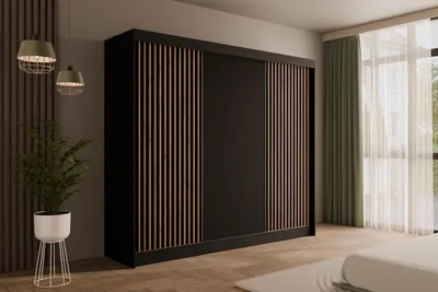 Produktbild von ALTDECOR Kleiderschrank mit Lamel-Schiebetüren, kugelgelagerte Führungsschienen und Aluminium-Leisten - VILANv2 - 250 cm Schwarz + Lamelle Eiche Wotan