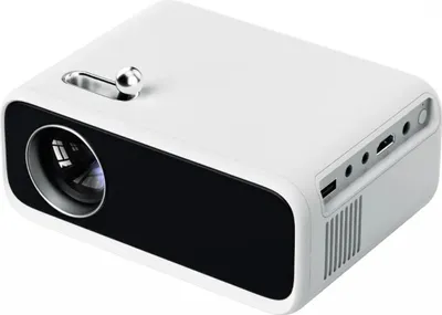 A white projector with a black front panel is shown from a diagonal angle against a white background.