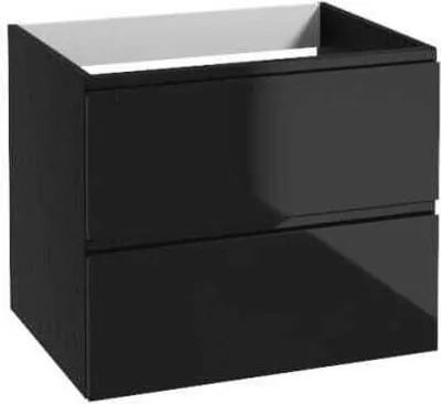 A black bathroom cabinet with two drawers is shown against a white background.