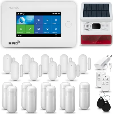 Produktbild von HUXGO HXA006 Alarmanlage Haus WiFi + GSM 4G LTE mit Funk Sirene, Alarm System mit 9x Bewegungssensor und 9x Tür- Fenstersensor, Alarmanlage für Wohnung, Haus, Garage, Tuya Smartlife App