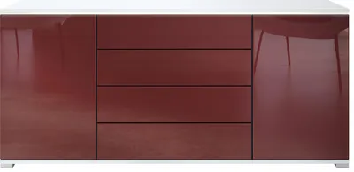 Produktbild von Vladon Sideboard Faro V2 - Kommode mit 2 Türen & 4 Schubladen, Schrank mit LED Lichtleiste, Weiß matt / Bordeaux Hochglanz (166,5 x 75,5 x 35)