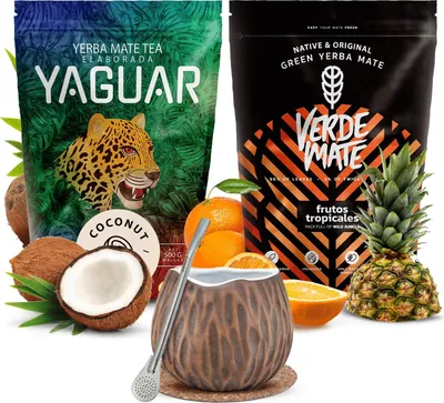 Zdjęcie produktu dla Verde Mate, Yaguar – zestaw herbaty mate „Frutos Tropicales”, kokosowy 2x500 g – kubek do mate kokosowy 400 ml – grube liście 5 mm – z bombillą Mercedes