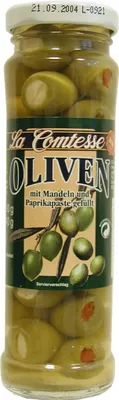 Image de Olives vertes aux amandes & poivrons, handpack, 140 g