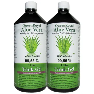 Produktbild von QueenRoyal Aloe Vera Trinkgel 2x 1 Liter Flasche 99.55% Barbadensis Miller Blattgel unverdünnt KEIN Saft KEIN Konzentrat OHNE künstliche Vitamine.