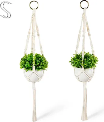 Produktbild von Famanu Set aus 2 Kunstpflanzen mit Makramee-Pflanzenhänger und weißen Keramiktöpfen - 14 cm + 60 cm