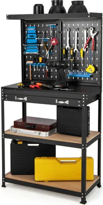 Immagine prodotto di Banco da lavoro COSTWAY, banco per attrezzi con parete forata, tavolo da lavoro con cassetto, ampio piano di lavoro e 3 ripiani, incl. 13 accessori da appendere, tavolo da lavoro