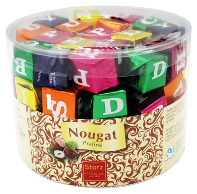 Produktbild von Storz ABC-Würfel 75 Stk. in Dose (750 g) / Schokolade / Haselnuss Nougat Würfel