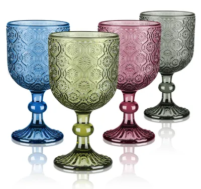 Vintage Weingläser 350 ml, Blumenrelief, Set 4, spülmaschinenfest
