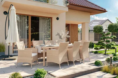 Produktbild von di volio Polyrattan Sitzgruppe VERONA - Lounge Gartenmöbel-Set für Garten oder Terrasse, Tisch mit Glasplatte + 8 Stühle - Lounge-Set in Rattan-Optik
