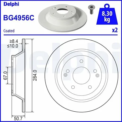 Produktbild von 2x DELPHI Bremsscheibe BG4956C für SSANGYONG Tivoli SUV 50 7mm 284mm