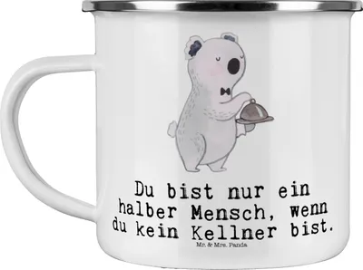 Produktbild von Mr. & Mrs. Panda Emaille Tasse Kellner Herz - Weiß - Geschenk, becher, Restaurant, Lustig, Ausbildung, Teetasse, Spruch, Kaffeepott, Teebecher