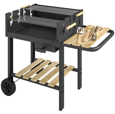 Obrázok produktu pre Drevený gril na kolieskach s nastaviteľnou mriežkou | Farba: Čierna | Rozmery: 99,5 x 58 x 82 cm