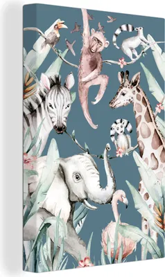 Produktbild von OneMillionCanvasses® - Leinwandbilder - 90x140 cm, Aquarellieren - Tiere - Dschungel - Jungen - Blau - Kinder, Wandbilder Kunstdruck Wanddekoration - Wandschmucke - Schlafzimmer