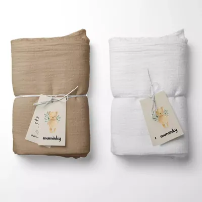 Produktbild von Muminky | Musselin Windeln - 50x60 cm - Weiß und Beige - Hipoallergen - Weich und Atmungsaktiv