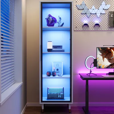 Image de Vitrine en verre à LED de 170 cm avec éclairage à changement de couleur – Vitrine indépendante blanche, avec socle et verre teinté, polyvalente : peut servir de bibliothèque ou de cave à vin
