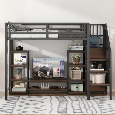 Image de OKWISH Lit Mezzanine 90x200 Métal Enfant avec Support TV, Rangement Intégré et Escalier Sécurisé, Prises Électriques Intégrées - Noir - Sans Matelas