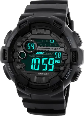A close-up studio shot of a black digital sports watch.