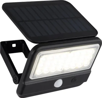 A black solar-powered LED light with a solar panel on top, mounted on a bracket.