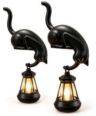 Produktbild von Buchregal Lampe Katze 2er Set, schwarze Katzenfigur mit dekorativer Hängelaterne, Tischleuchte und Regal Deko für Wohnzimmer, Schlafzimmer
