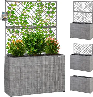 Produktbild von CASARIA® Blumenkasten Rankgitter 3 Innentöpfe Polyrattangeflecht Rankhilfe Blumentopf Rattanoptik Pflanzkasten Grau