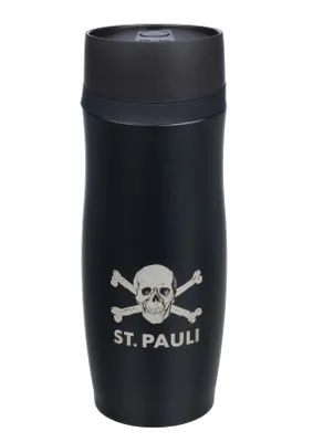 Produktbild von FC St. Pauli Thermobecher Totenkopf 380 ml – Offizieller Fanartikel – Schwarzer Edelstahl-Becher mit Totenkopf-Logo – Doppelwandig & auslaufsicher