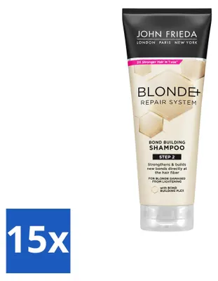 Imagen del producto de 15 champús John Frieda Blonde+ Repair, fortalecedores del cabello, de 250 ml cada uno. Paquete económico con 15 unidades