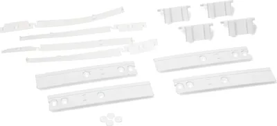Various white plastic parts, likely components for assembling a refrigerator door hinge, laid out on a white background.