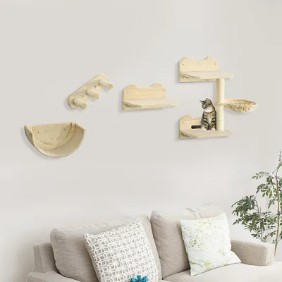 Produktbild von Katzen Kletterwand Set 4-teilig zur Wandmontage, Wandkratzbaum Hängematte Plattform Sisalpfosten, Spanplatte Polyester, Beige | 40x28x73 cm | 10,3 kg