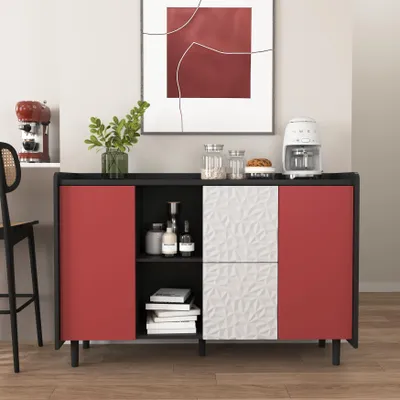 Produktbild von Sideboard Kommode Anrichte mit 2 roten Türen & 2 Schubladen, Modernes Design Schwarz-Rot, 120x40x80 cm, Küchenbuffet & Wohnzimmerschrank aus MDF