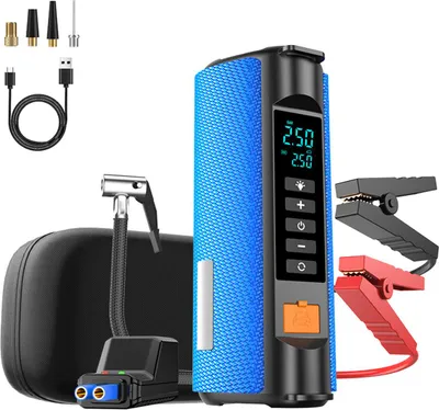 Produktbild von Kompakte 2-in-1 Auto-Starthilfe 6000 mAh mit 80 W Kompressor, 150 PSI, LED-Anzeige, USB-Aufladung & EVA-Tragetasche