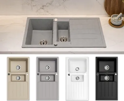 Produktbild von Faizee Home | Granitspüle Napoli Grau 100 × 50 cm – eckige Einbauspüle mit Haupt- und Zusatzbecken – beidseitig montierbar inkl. Siphon-Set
