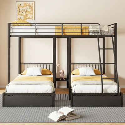 Obrázek produktu pro okwish patrová postel Patrová postel 90x200cm&140 x 200cm se zásuvkami Vhodná pro tři děti, podkrovní postel s ochranou proti vypadnutí, kovová postel Dětská postel Rám postele s lamelovým roštem, rozložitelný na manželskou postel 140 x 200 a dvě samostatné postele 90 x 200, černá barva