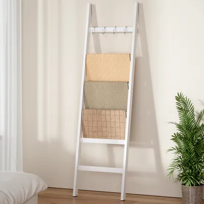 Produktbild von YORBAY Handtuchleiter Handtuchhalter Bambus 4 Haken und 2 Sicherheitsgurten, 43x170 cm, für Bad, Wohnzimmer, Weiß