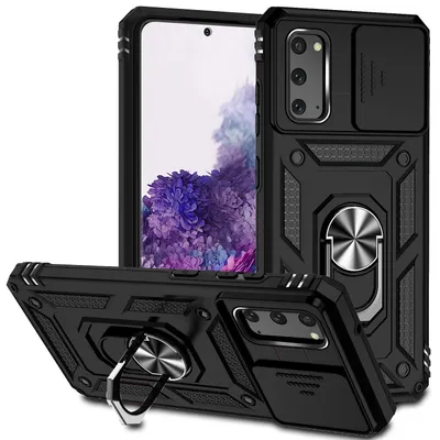 Immagine prodotto di Custodia per Samsung Galaxy S20 a doppio strato con copertura scorrevole della fotocamera e supporto ad anello nero