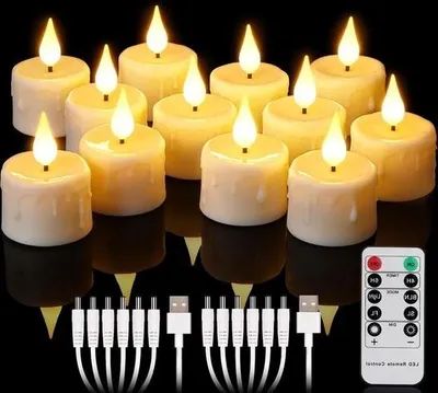 Produktbild von LED-Teelichter - Weihnachtliche LED-Teelichter - 12 wiederaufladbare Teelichter mit Fernbedienung und 4-6-Stunden-Timer - Wiederaufladbare, flammenlose, flackernde LED-Kerzen - mit 2 USB-Kabeln - 3D-Silikondocht - Warmweißes Licht - für .