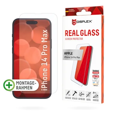 A screen protector for an iPhone 14 Pro Max is shown in its packaging, alongside the screen protector itself placed on a representation of the phone.