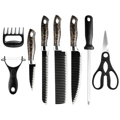 Produktbild von 8-teiliges Profi-Küchenmesserset – Küchenmesser aus Edelstahl – Scharfe Kochmesser – Set mit Curlingmessern – Ergonomische Griffe – Schwarz und Gold